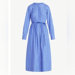 100% Cotton Long Sleeve Blue Striped Belted Shirt Dress